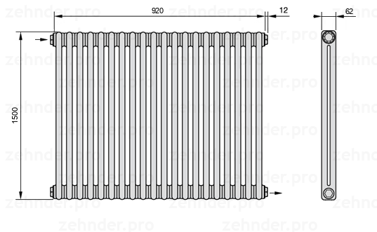Схема (чертеж) Радиатор Zehnder Charleston 2150/20 №1670 Белый глянцевый RAL 9016
